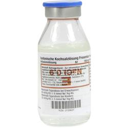 Eine Flasche mit isotonischer Kochsalzlösung zur Infusion.