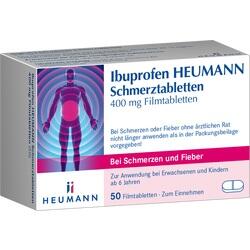 Verpackung von Ibuprofen Schmerztabletten mit 400 mg, 50 Stück zur Schmerzlinderung.